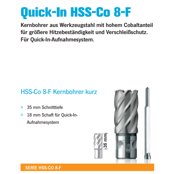 Kernbohrer Serie HSS - -Co 8 - kurz /mit Fein Quick In 18 mm Aufnahmeschaft / Schnitttiefe 35 mm